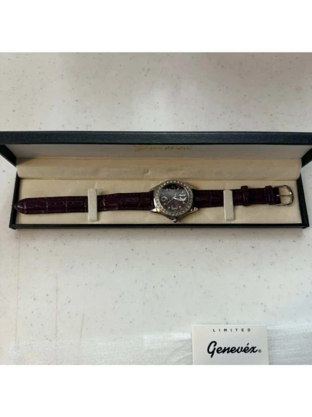 Genevex Womens Rhinestones 34mm Quartz Watch Silver Purple dial Band Collectible